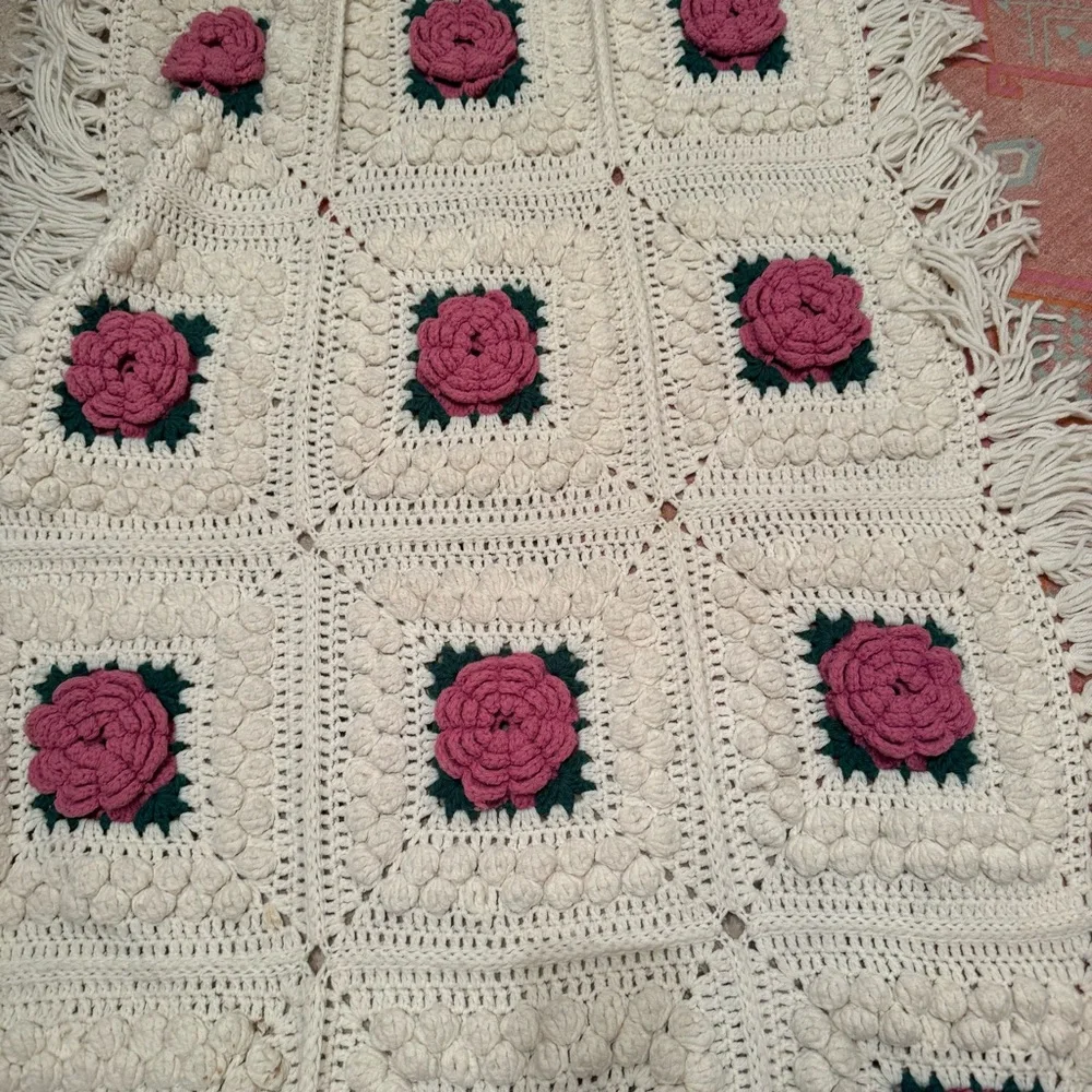 Cream and Rose Popcorn Granny Handmade Crocheted Afghan